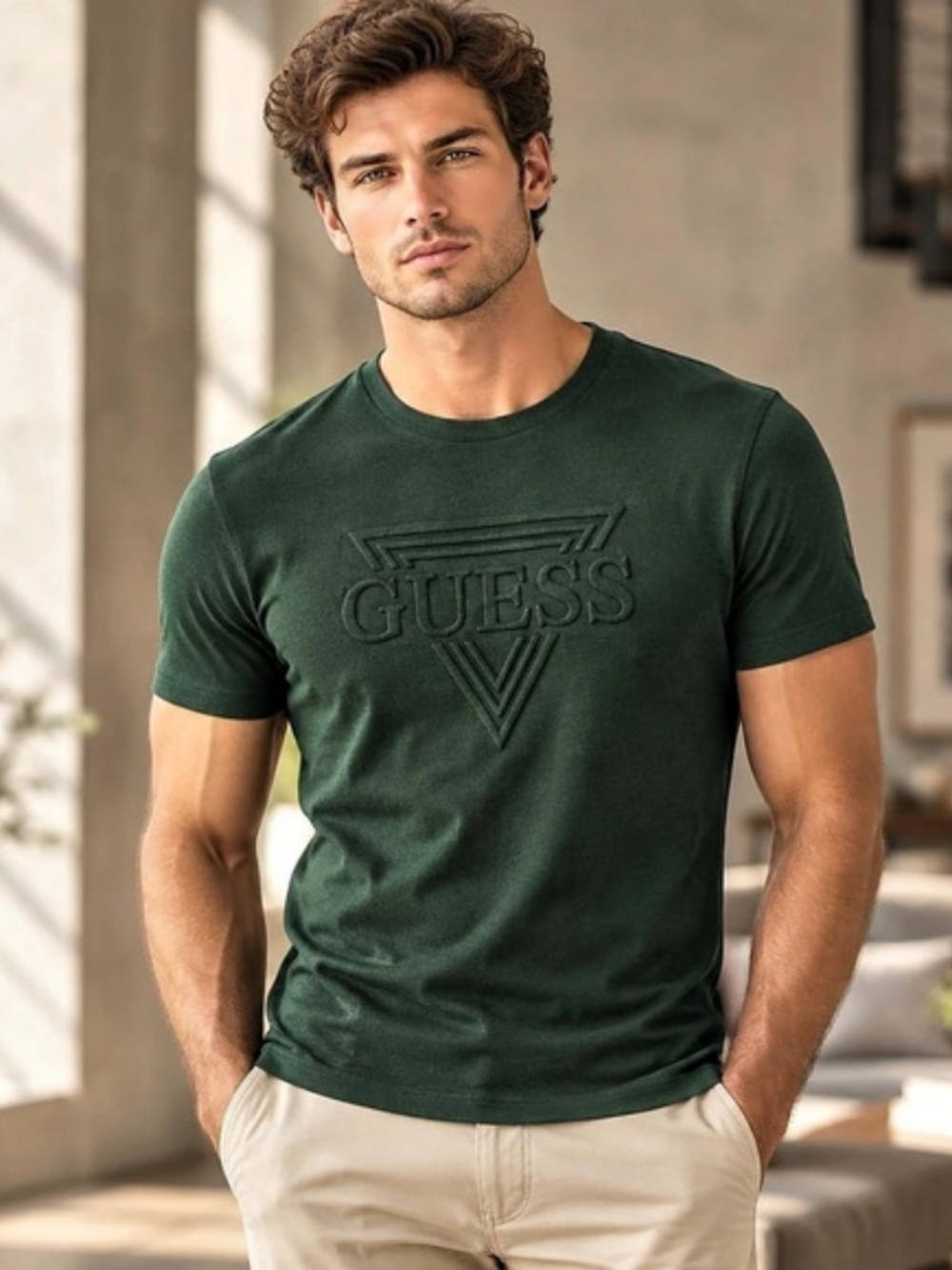 Guess Eco Organic Cotton Slim Fit Embossed Triangle Logo T-Shirt Logo Tee Men's